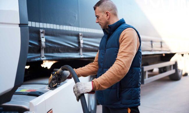 Driver at a fuel station using a fuel gas card as an efficient way to log expenses.
