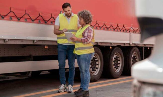 A fleet manager takes a driver through the fleet fuel card app on her tablet while standing outside the rig.