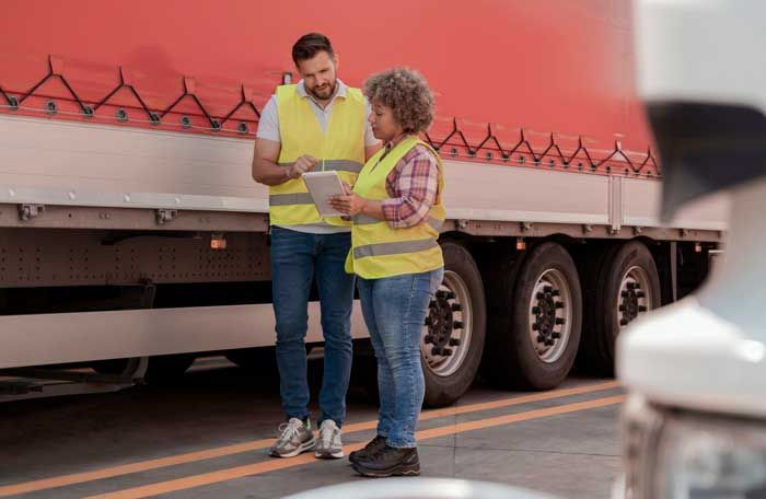 A fleet manager takes a driver through the fleet fuel card app on her tablet while standing outside the rig.
