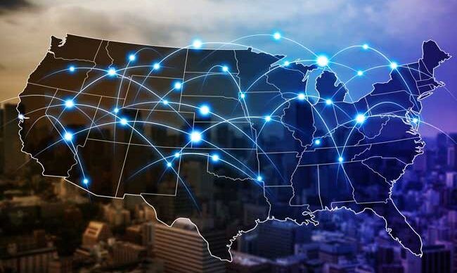 A digital map of the United States with points traversing the states.