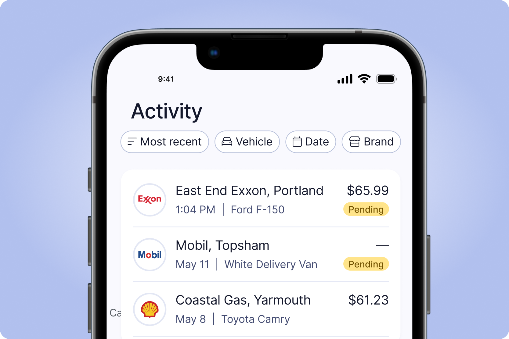 A mobile device showing recent purchase activity on a WEX Fleet Card.