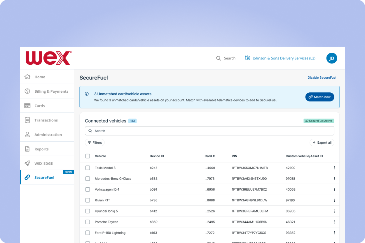 Example of telematics and transactions data in the user interface of WEXOnline.
