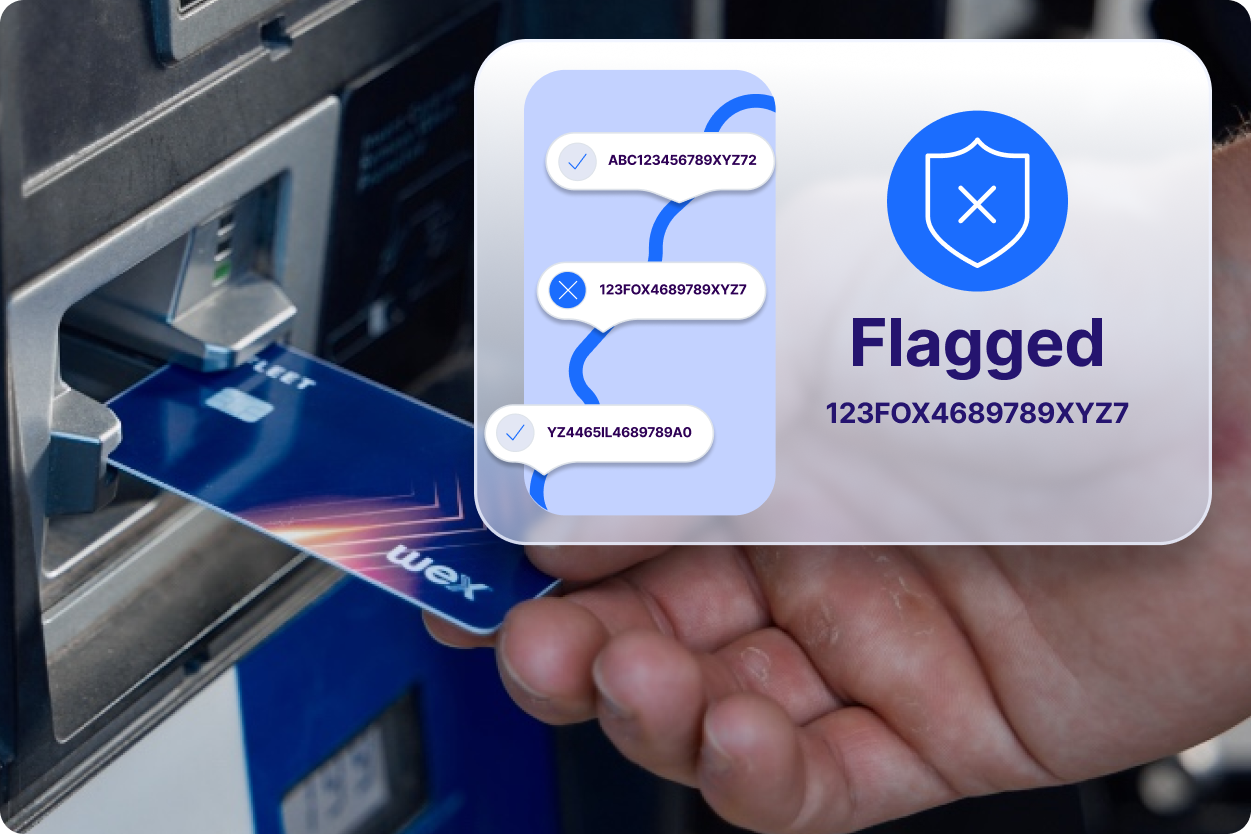 A suspicious purchase on the WEX Fleet Card is flagged for review.