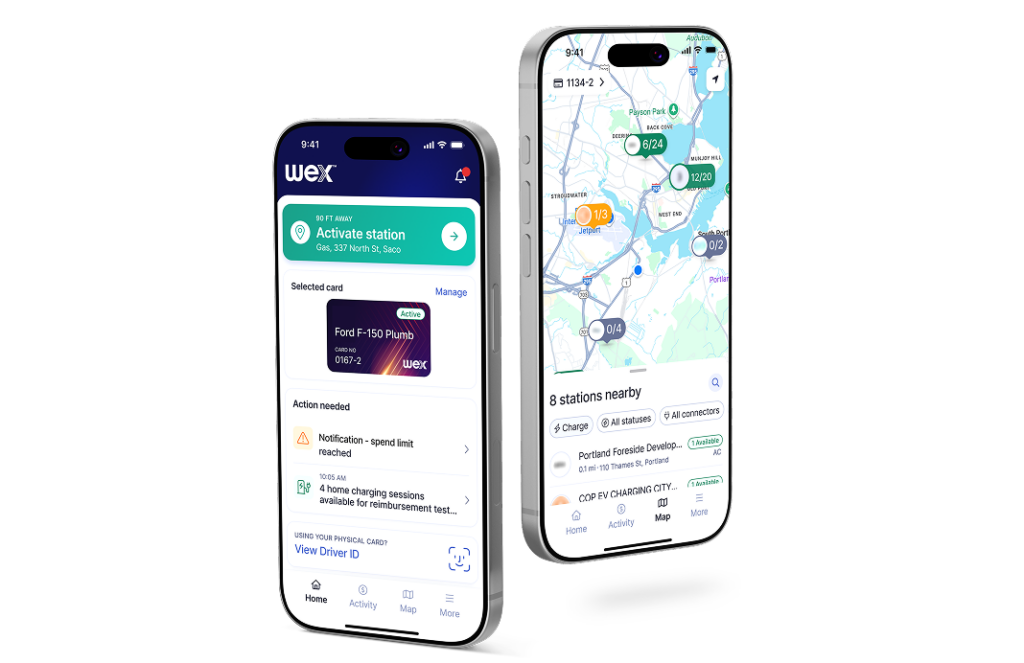 WEX mobile app screens showing a nearby gas station prompt and a map of fuel and electric vehicle charging stations