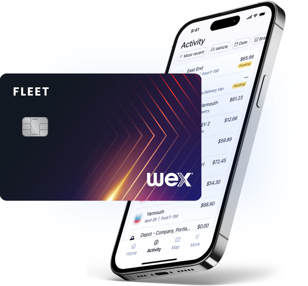 WEX Fleet card and the WEX mobile app showing recent fueling transactions